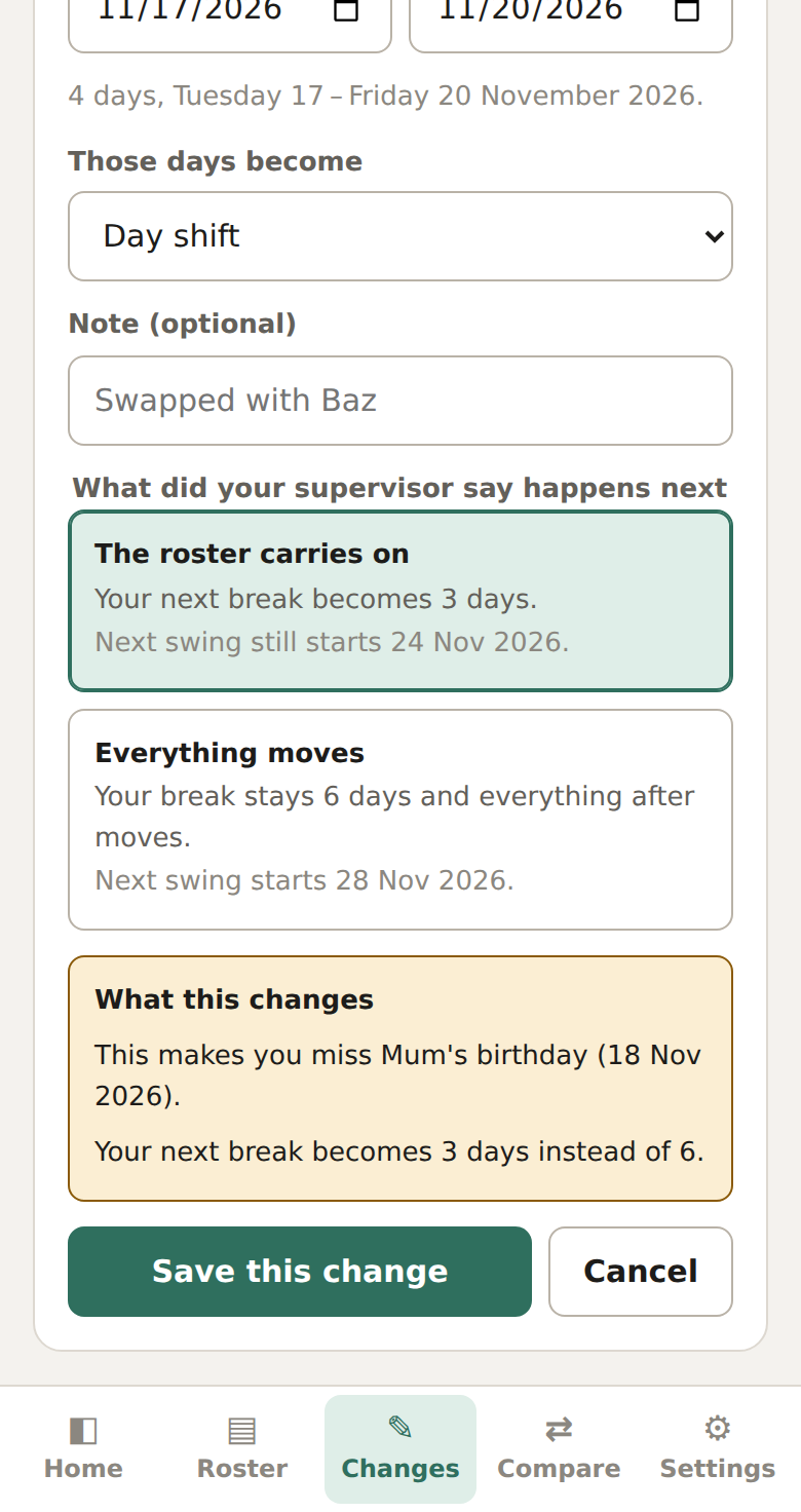 Adding leave or extra days, with the impact on saved dates