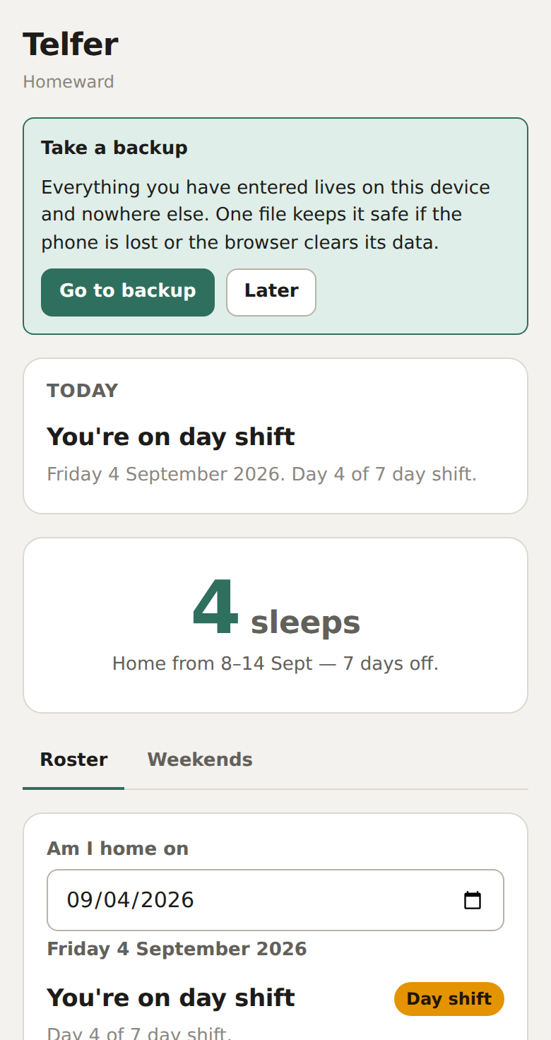 The Homeward home screen showing today's shift and the cycle strip